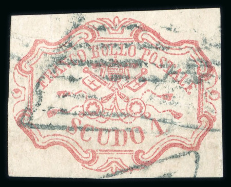 Stamp of Italian States » Papal States 1852, 1 scudo rose carmine, cancelled by mute grid