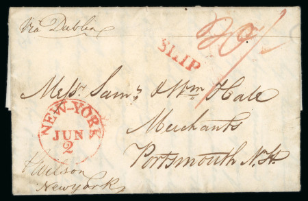 Stamp of Ireland » Pre-Stamp Postal History » Independant Post Office Period - 1784-1831 1816 (30.3) Folded entire sent from Cork, via Dublin to Portsmouth, New Hampshire, USA, on board "p Wilson", showing decorative red crowned tablet SHIP LETTER DUBLIN on reverse, rated "20/-" with red SHIP and NEW YORK/JU