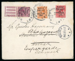Stamp of Ireland » 1922 (Feb) Dollard Overprints (T1-T14) 1d scarlet, in combination with Thom 2d die II & 6d, all tied on envelope to Denmark by the very rare skeleton PAQUEBOT/COBH/25(JU)22 cds