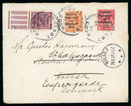 Stamp of Ireland » 1922 (Feb) Dollard Overprints (T1-T14) 1d scarlet, in combination with Thom 2d die II & 6d, all tied on envelope to Denmark by the very rare skeleton PAQUEBOT/COBH/25(JU)22 cds