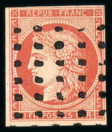 Stamp of France » Type Cérès de 1849-1850 1849, Cérès Y&T n°7a 1fr vermillon vif oblitéré gros
