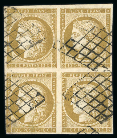 Stamp of France » Type Cérès de 1849-1850 1850, Cérès Y&T n°1b bistre verdâtre  en bloc de quatre