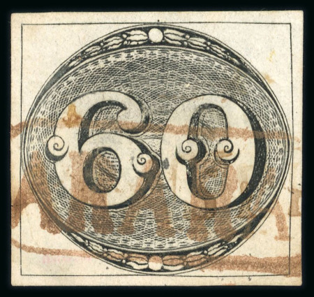 Stamp of Brazil » 1843 Bull's Eyes Arara: 1843 Bull's Eyes 60r early impression used large part red framed hs
