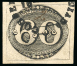 Stamp of Brazil » 1843 Bull's Eyes Cuiaba: 1843 Bull's Eye 60r. black used with part black unframed date stamp (Ayres 1139 var)