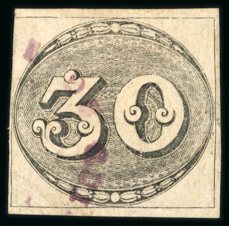 Stamp of Brazil » 1843 Bull's Eyes Cuiaba: 1843 Bull's Eyes 30r three marings part purple ds
