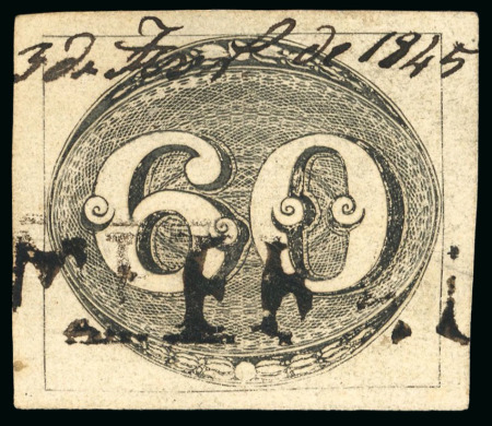 Stamp of Brazil » 1843 Bull's Eyes Imperatriz (CE): 60r. black used with part handstamp at base (Ayres 1318) and showing additional manuscript date