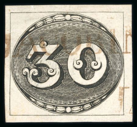 Stamp of Brazil » 1843 Bull's Eyes Jacobina: 1843 Bull's Eyes 30r early impression brownish red hs