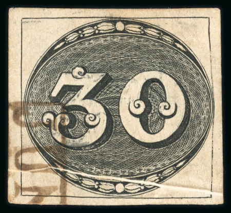 Stamp of Brazil » 1843 Bull's Eyes 1843 Bull's Eyes 30r black early impression, paper fold used  brownish red hs
