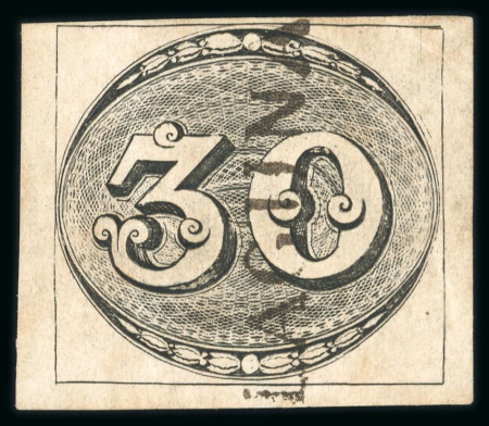 Stamp of Brazil » 1843 Bull's Eyes Laguna: 1843 Bull's Eyes 30 black used full s/l hs reading up