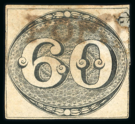 Stamp of Brazil » 1843 Bull's Eyes Pomba: 1843 Bull's Eyes 60r poor margins rare brown cancel