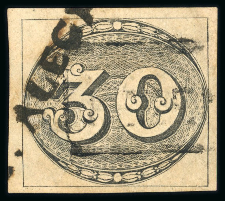 Stamp of Brazil » 1843 Bull's Eyes Pouzo Alegre: 1843 Bull's Eyes 30r black straight line hs