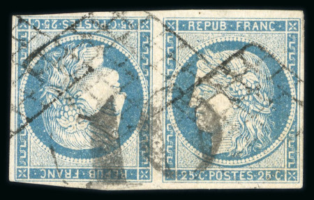 Stamp of France » Type Cérès de 1849-1850 1849, Cérès Y&T n°4 25c bleu en paire tête-bêche oblitérée