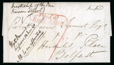 Stamp of Ireland » Postal History (Arranged alphabetically by County) Fermanagh - Enniskillen: 1840 (9.3) Folded entire sent to Belfast, showing a distinctive italic framed "Paid at Enniskillen" in red