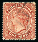 Stamp of Turks and Caicos Islands 1881 Wmk Crown CC (sideways) 1d brown-red used with 'Throat flaw' variety