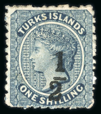 Stamp of Turks and Caicos Islands 1881 '1/2' on 1/- dull blue Setting 7 surcharge type 4 mint with part original gum