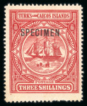 Stamp of Turks and Caicos Islands 1900 Wmk Crown CA set of 9 values to 3s and 1905 3d mint overprinted SPECIMEN