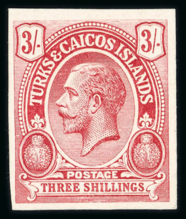 Stamp of Turks and Caicos Islands 1922 3/- carmine printer's sample in carmine imperforate on white card