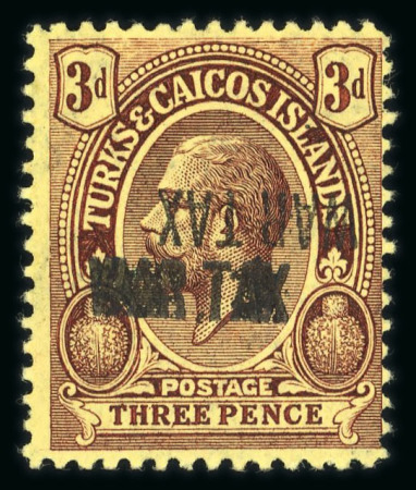 Stamp of Turks and Caicos Islands 1917 War Tax 3d purple on yellow mint, lightly mounted, with variety 'ovpt double, one inverted'