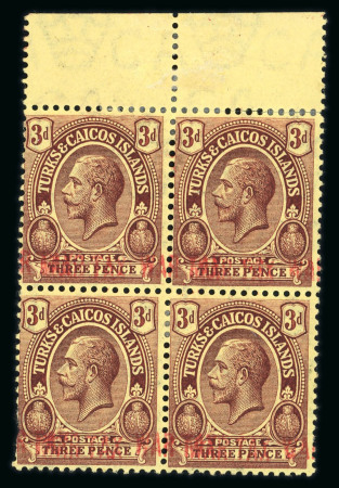 Stamp of Turks and Caicos Islands 1917 War Tax 3d purple on yellow with overprint type 40 in red in upper mint marginal block of four, each with 'Opt double'