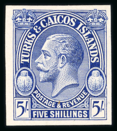Stamp of Turks and Caicos Islands 1922 Plate proofs 1/2d to 5/- group of 8 values imperforate on card in dark blue