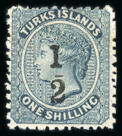 Stamp of Turks and Caicos Islands 1881 '1/2' on 1/- dull blue (type 6) mint, reperfed at top