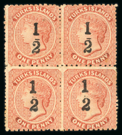 Stamp of Turks and Caicos Islands 1881 '1/2' on 1d dull red (type 7) from Setting VIII in fine mint block of four