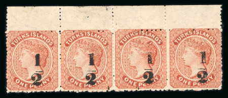 Stamp of Turks and Caicos Islands 1881 '1/2' on 1d dull red (type 9) from Setting X in upper marginal horizontal strip of four
