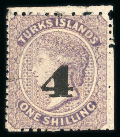Stamp of Turks and Caicos Islands 1881 '4' on 1/- lilac (type 29) unused without gum