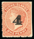 Stamp of Turks and Caicos Islands 1881 '4' on 1d dull red, 2 unused examples (without gum) with surcharge types 29 and 28