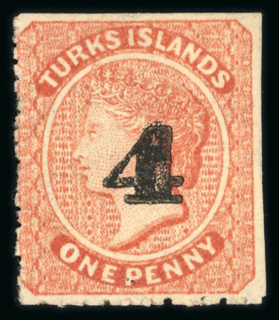 Stamp of Turks and Caicos Islands 1881 '4' on 1d dull red, 2 unused examples (without gum) with surcharge types 29 and 28