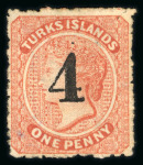 Stamp of Turks and Caicos Islands 1881 '4' on 1d dull red, 2 unused examples (without gum) with surcharge types 29 and 28