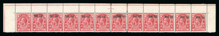 Stamp of Turks and Caicos Islands 1917 War Tax 1d red in strip of 12 showing 'ovpt omitted (in pair with normal)' and 'double opt at top (in pair with normal)'