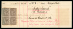 Stamp of Turks and Caicos Islands 1900 De La Rue undenominated dummy stamp in block of 4 on piece from the printer's archive book