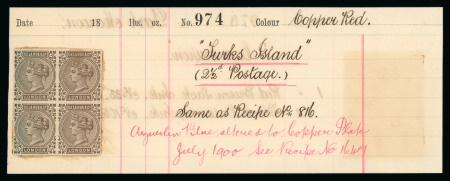 Stamp of Turks and Caicos Islands 1900 De La Rue undenominated dummy stamp in block of 4 on piece from the printer's archive book