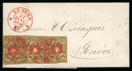 Stamp of Switzerland / Schweiz » Rayonmarken » Rayon II, gelb, ohne Kreuzeinfassung (STEIN A 2) 1851, Rayon II im waagerechten Dreierstreifen