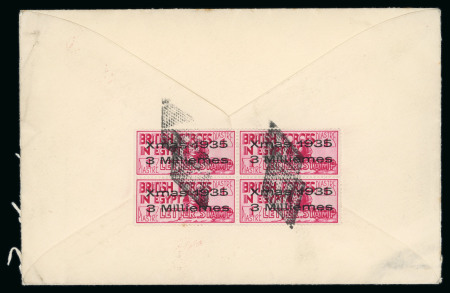 Stamp of Egypt » British Forces in Egypt 1932-35 1935 Provisional Christmas Seal 3m on 1pi carmine, block of four, neatly tied by four "retta" cancels on reverse of 1935 envelope