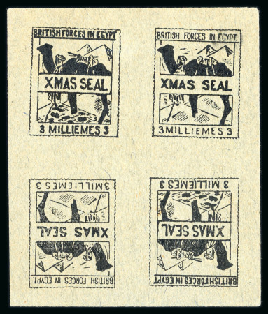Stamp of Egypt » British Forces in Egypt 1932-35 1932 Essay for the British Forces: Christmas Seal 3m black on grey azure paper, mint and mint nh imperforate block of four showing two vertical TETE-BECHE pairs