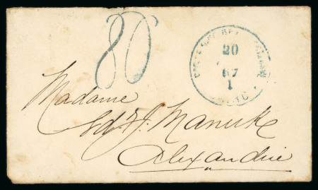Stamp of Egypt » Postage Dues 1867 Small neat envelope from Cairo to Alexandria, bearing Cairo departure in blue with "80" handstamped due marking alongside