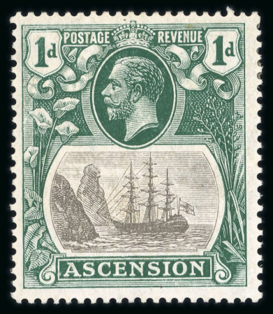 Stamp of Ascension 1924-33 Wmk Script CA 1d grey-black and bright blue-green mint n.h. with the 'Cleft rock' variety