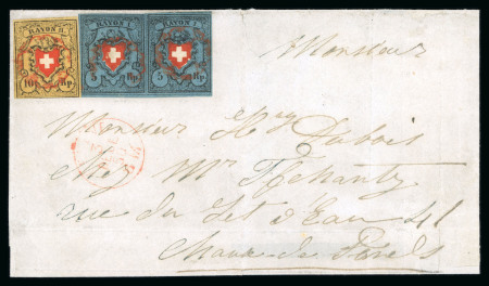 Stamp of Switzerland / Schweiz » Rayonmarken » Rayon II, gelb, ohne Kreuzeinfassung (STEIN A 1) 1850, Rayon I dunkelblau ohne Kreuzeinfassung im waagerechten Paar und Rayon II