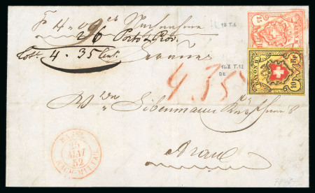 Stamp of Switzerland / Schweiz » Rayonmarken » Rayon II, gelb, ohne Kreuzeinfassung (STEIN B) 1852, Rayon II zusammen mit Rayon III auf Brief mit rotem FRANCO im Kasten von Basel