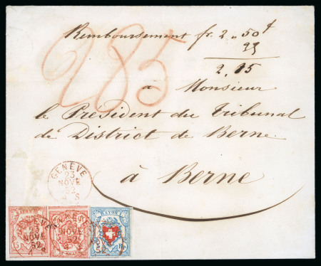 Stamp of Switzerland / Schweiz » Rayonmarken » Rayon III (grosse Ziffer) 1852, Rayon III 2 Einzelmarken zusammen mit Rayon I auf Nachnahme