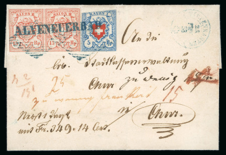 Stamp of Switzerland / Schweiz » Rayonmarken » Rayon III, kleine Ziffer (Rp.) 1853, Rayon III, kleine Wertziffern im waagerechten Paar und Rayon I hellblau auf Wertpaket-Begleitbrief