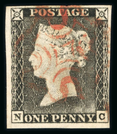 Stamp of Great Britain » 1840 1d Black and 1d Red plates 1a to 11 1840 1d black pl.1a NC with 4 clear to large margins and lightly struck red MC