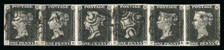 Stamp of Great Britain » 1840 1d Black and 1d Red plates 1a to 11 1840 1d black pl.1b in horizontal strip of 6 CA - CF with clear margins all round and 6 strikes of black MC
