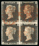 Stamp of Great Britain » 1840 1d Black and 1d Red plates 1a to 11 1840 1d black pl.1b in block of 4 KE/LF with clear margins all round and 4 neat strikes of an orange-red MC
