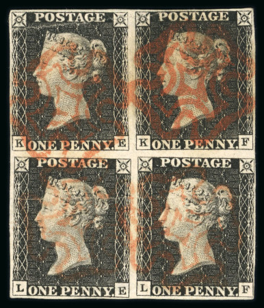 Stamp of Great Britain » 1840 1d Black and 1d Red plates 1a to 11 1840 1d black pl.1b in block of 4 KE/LF with clear margins all round and 4 neat strikes of an orange-red MC