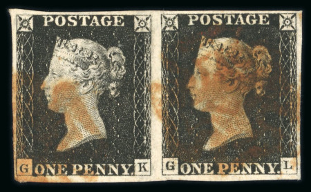 Stamp of Great Britain » 1840 1d Black and 1d Red plates 1a to 11 1840 1d black pl.1b in horizontal pair GK-GL with good margins and red MC (smudged). (S.G. Spec £1250).