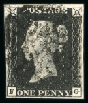 Stamp of Great Britain » 1840 1d Black and 1d Red plates 1a to 11 1840 1d black pl.1b FG with 4 margins and black MC, a fine example with 'Inverted watermark'. Scarce. (S.G. £2000).