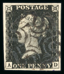 Stamp of Great Britain » 1840 1d Black and 1d Red plates 1a to 11 1840 1d black pl.1b AD with 4 large, even margins and neat strike of black MC, a fine and most attractive example.